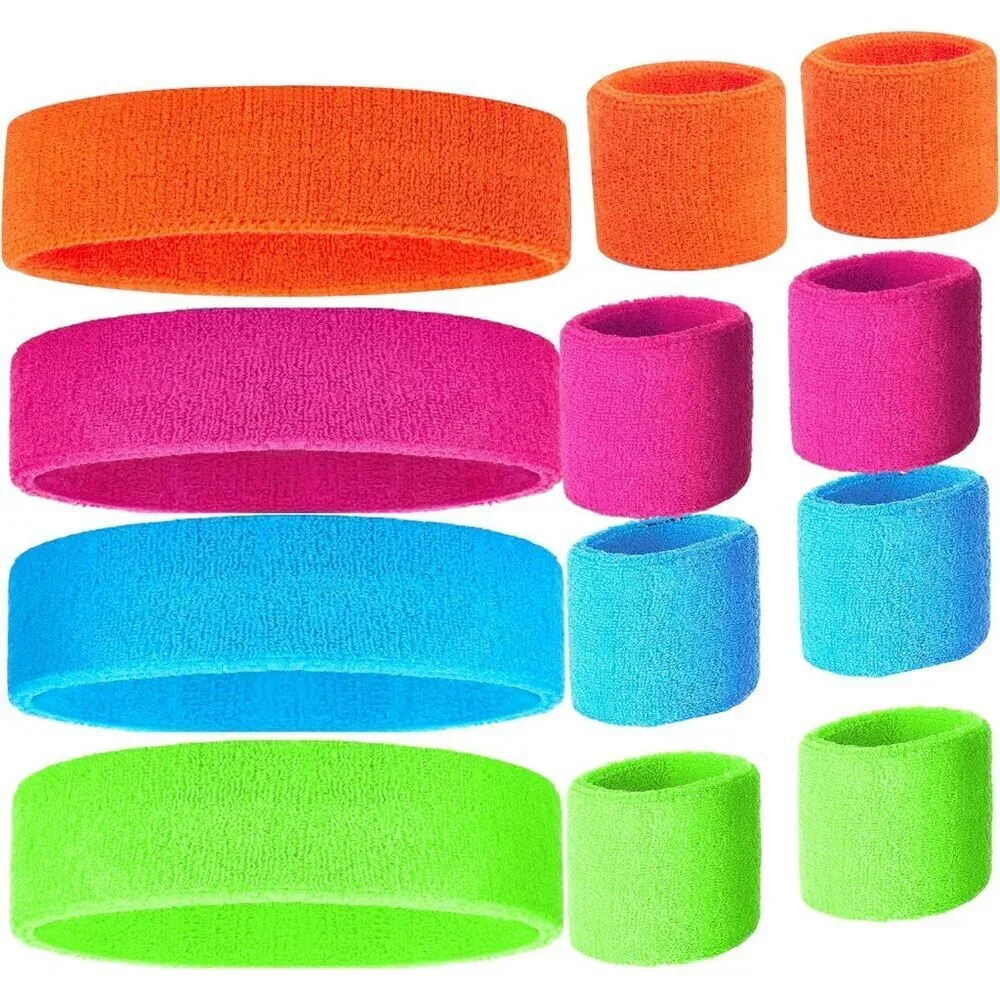 80s Neon Sweatband Set Cotton Blend One Size Sports Headbands Wristbands